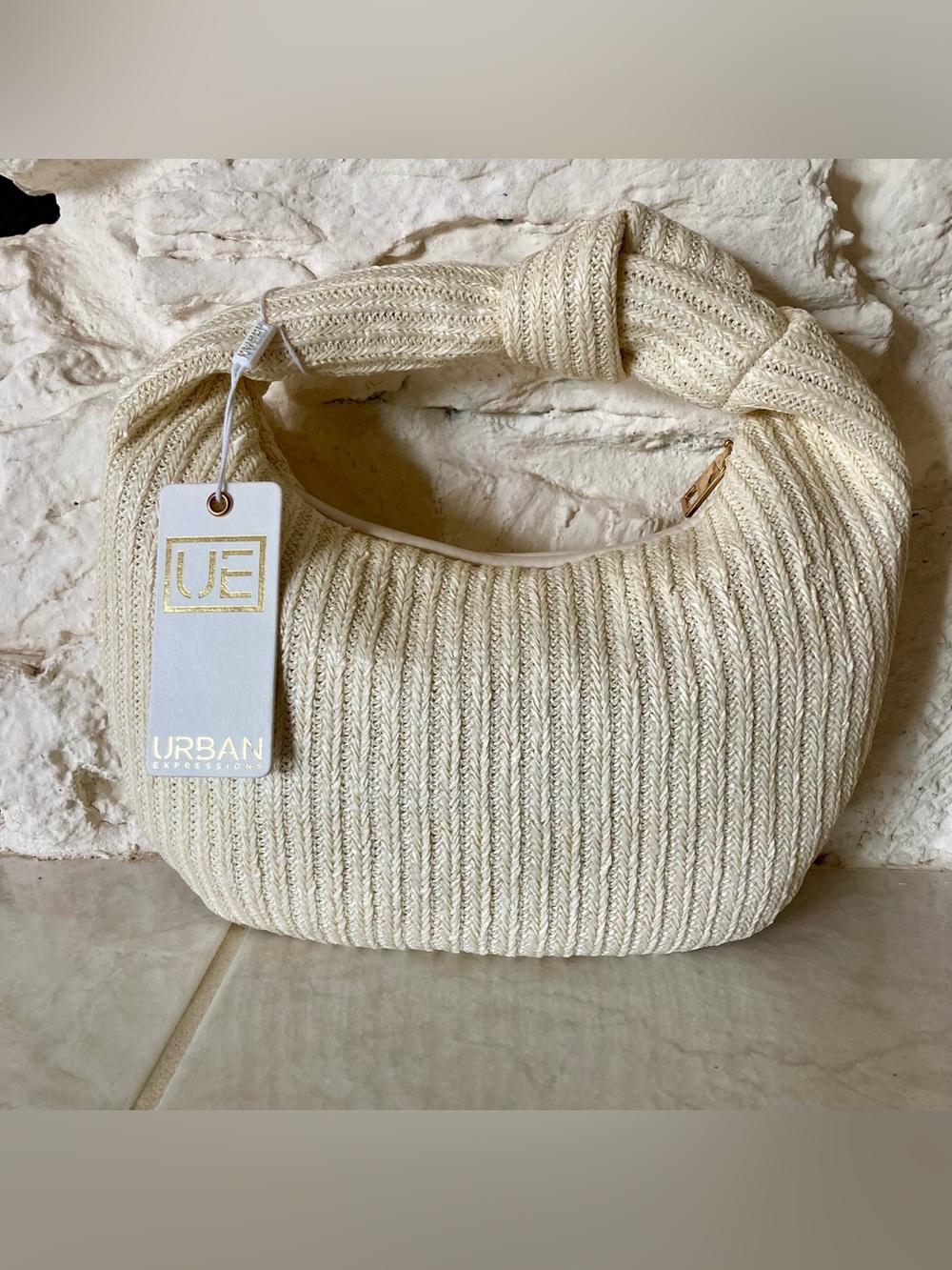 NWT Urban Expressions Knitted Straw Mini Hobo Bag in Winter White - Picture 1 of 11